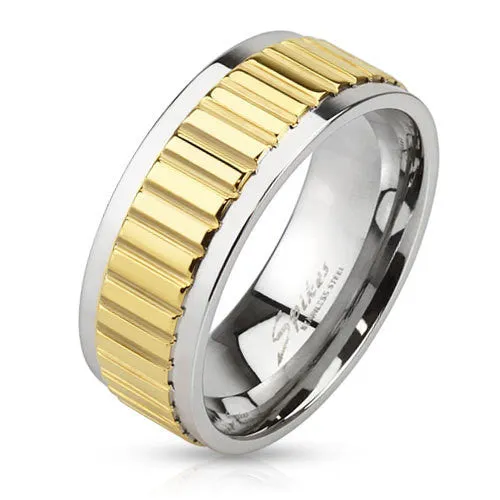 8mm Groove Lined Gold IP Center Stainless Steel Band Men's Fashion Ring