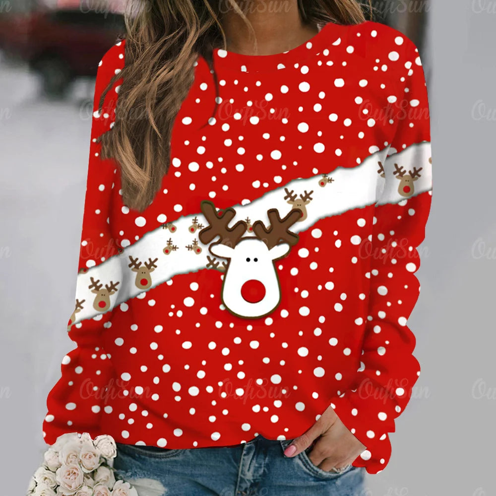 Ashore Shop Christmas Women Long Sleeves T-Shir t Elk Print Imitation Cotton T Shirt Pullover