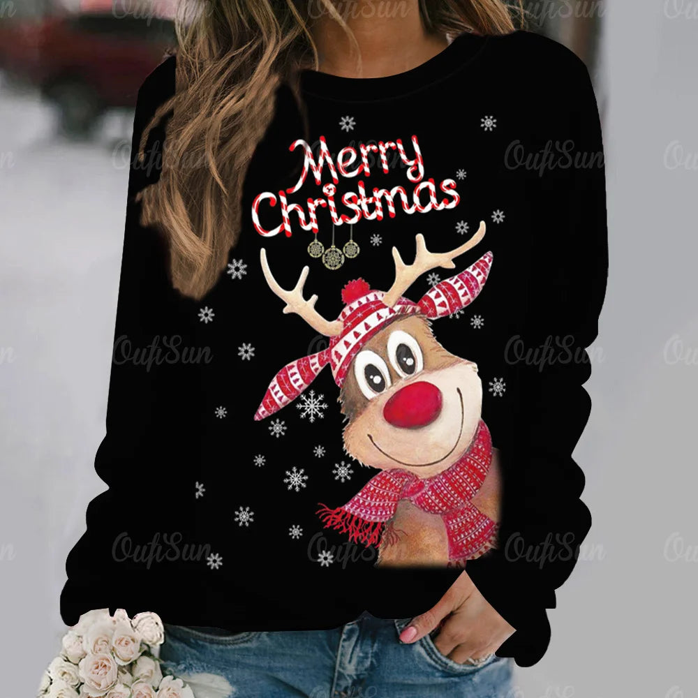 Ashore Shop Christmas Women Long Sleeves T-Shir t Elk Print Imitation Cotton T Shirt Pullover