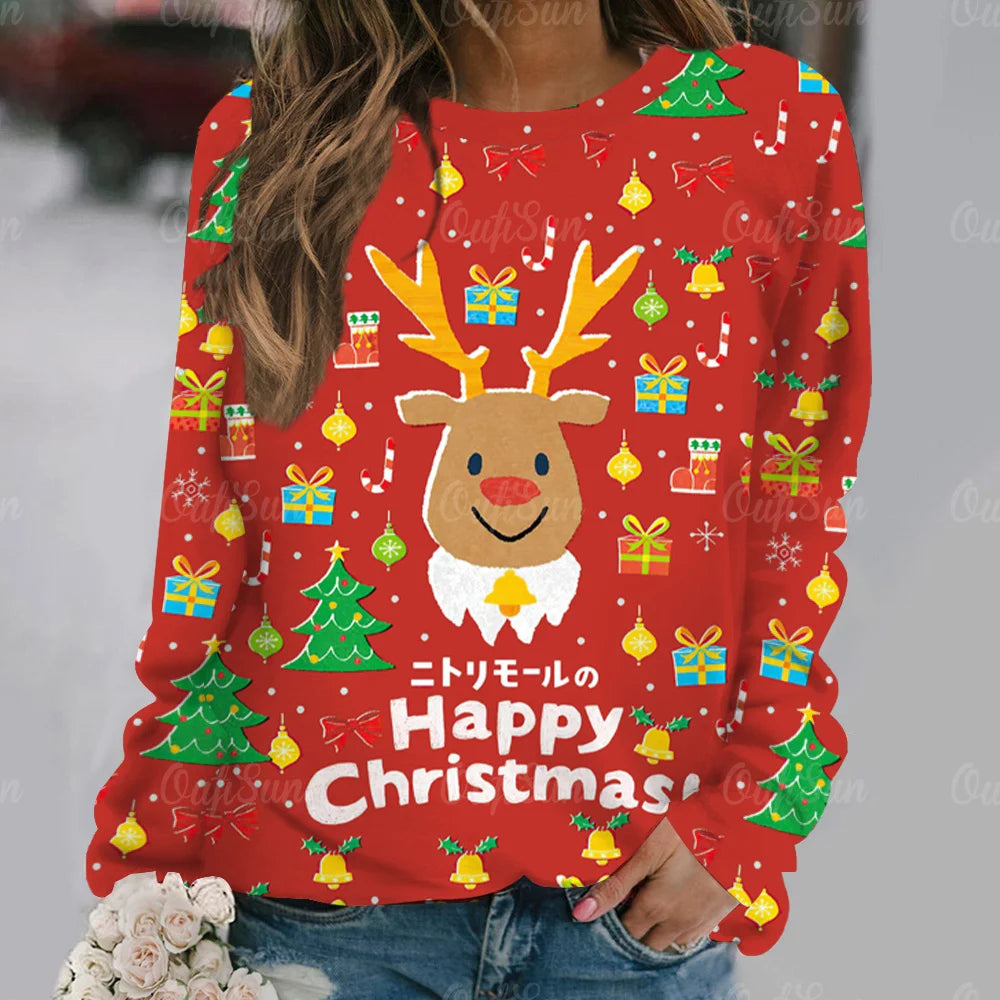 Ashore Shop Christmas Women Long Sleeves T-Shir t Elk Print Imitation Cotton T Shirt Pullover