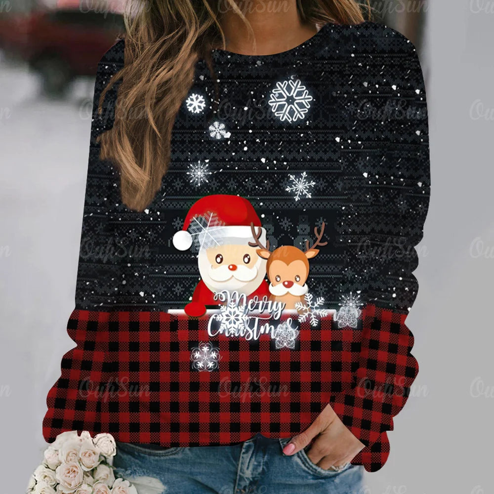 Ashore Shop Christmas Women Long Sleeves T-Shir t Elk Print Imitation Cotton T Shirt Pullover