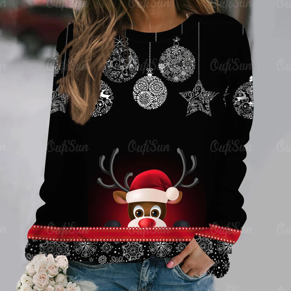 Ashore Shop Christmas Women Long Sleeves T-Shir t Elk Print Imitation Cotton T Shirt Pullover