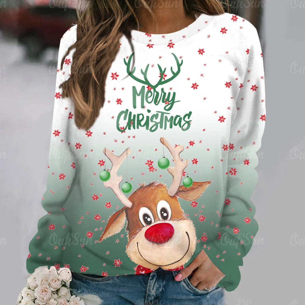 Ashore Shop Christmas Women Long Sleeves T-Shir t Elk Print Imitation Cotton T Shirt Pullover