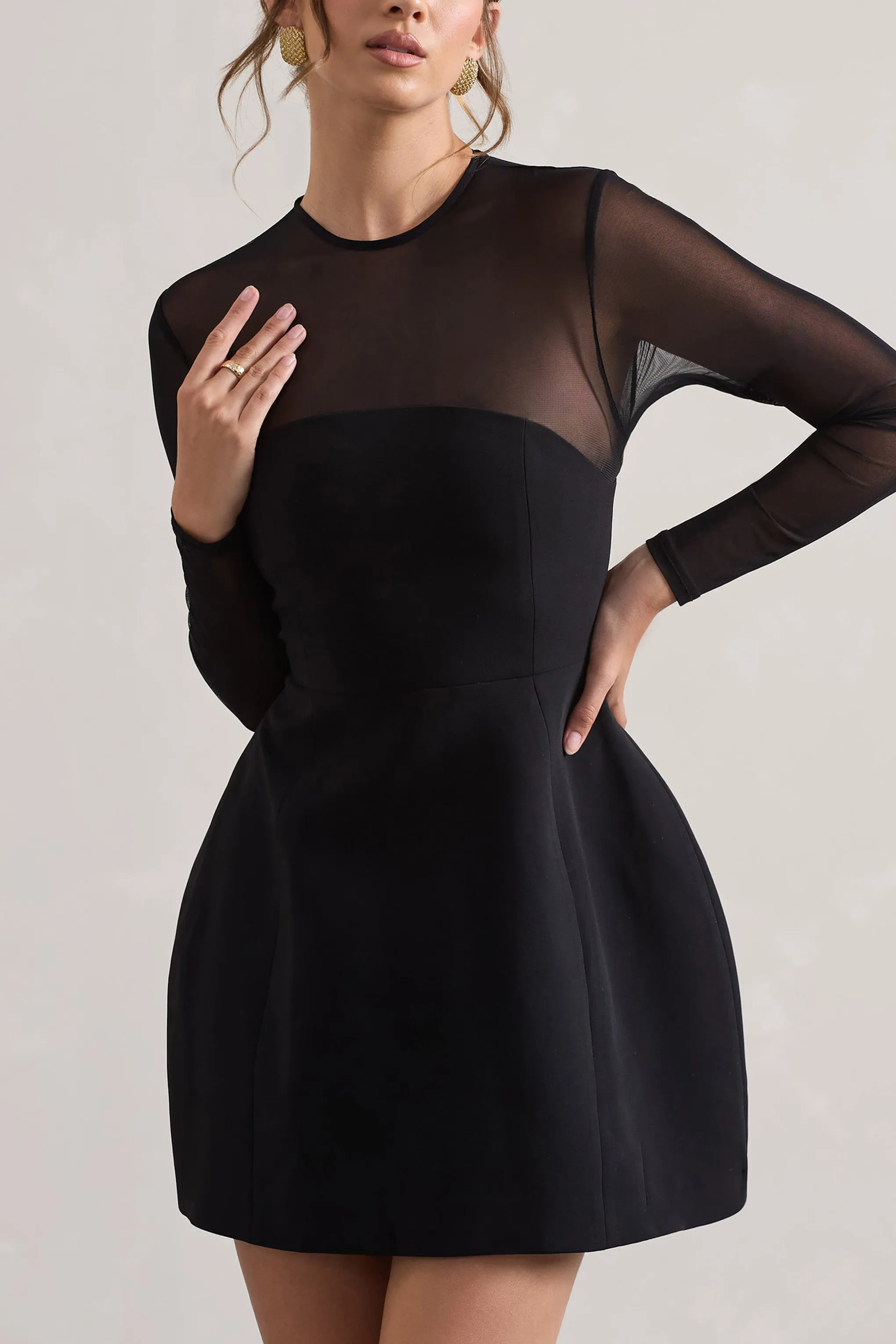 Austen | Black Mesh Long-Sleeve Mini Dress