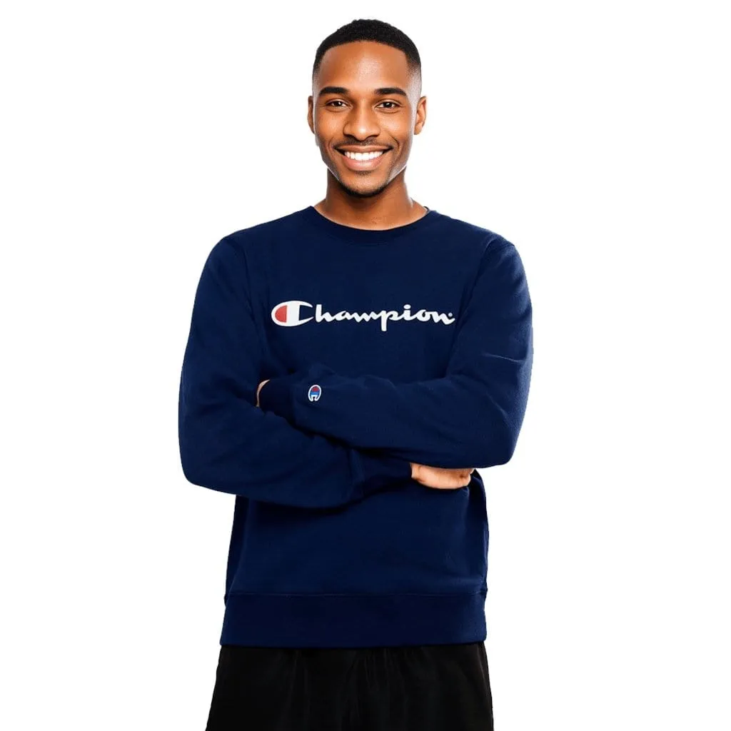 CHAMPION MEN'S SCRIPT NAVY CREW SWEATSHIRT