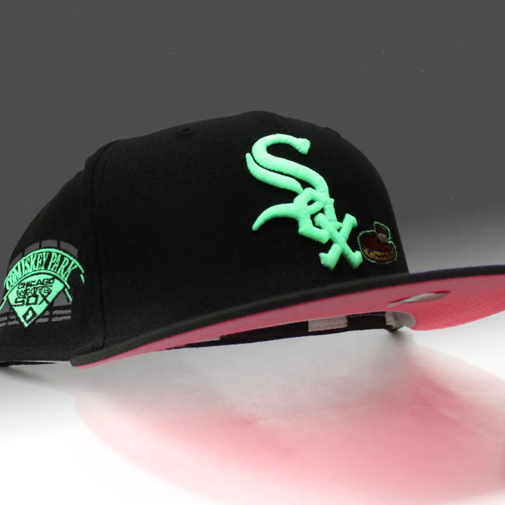 Chicago White Sox Deep Dish Comiskey Park Patch New Era 59Fifty Fitted Hat (Glow in the Dark Logo Black Hot Pink Under Brim)