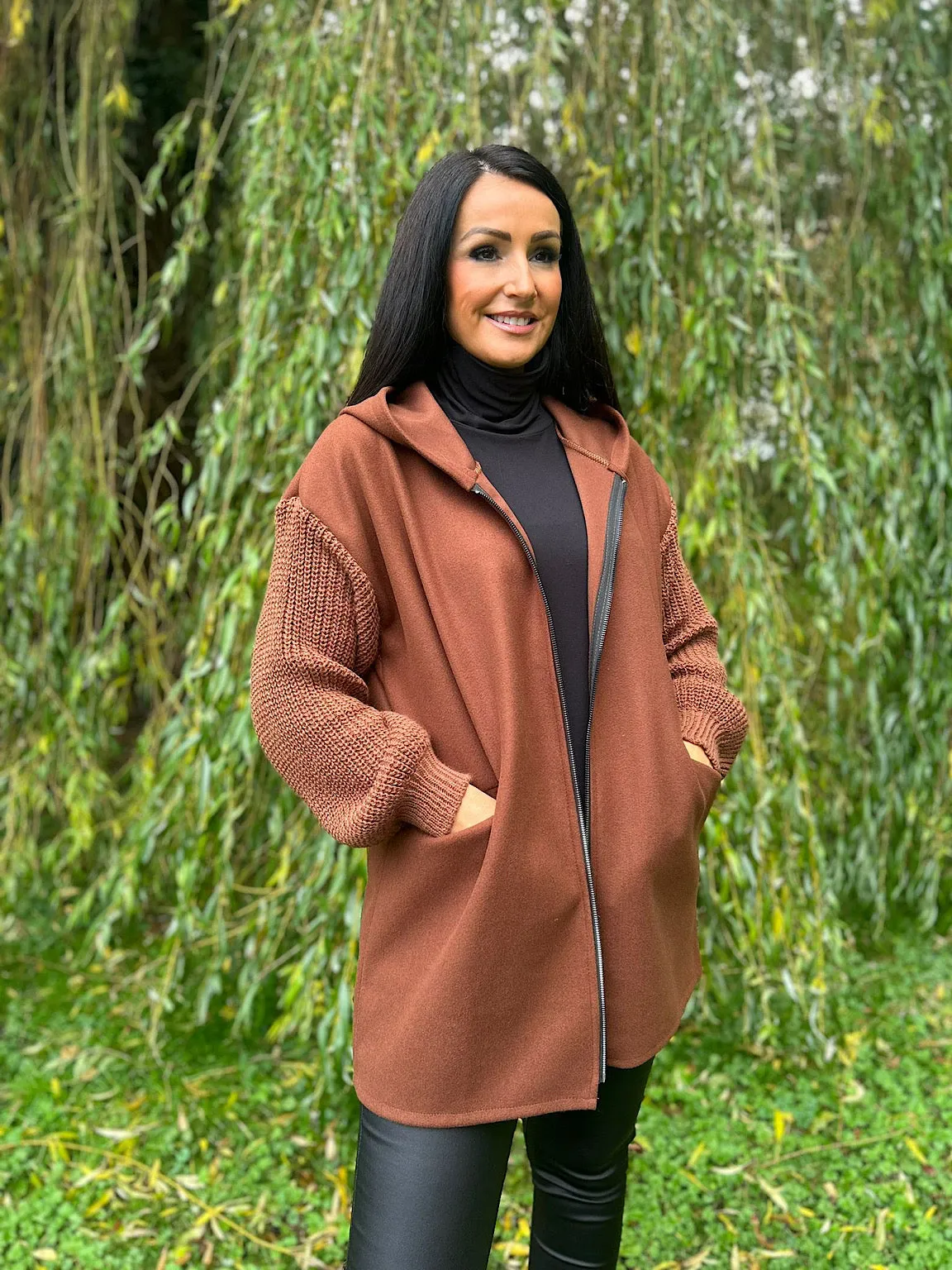 Chocolate Knitted Sleeve Zip Detail Jacket Georgia