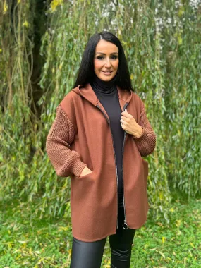 Chocolate Knitted Sleeve Zip Detail Jacket Georgia