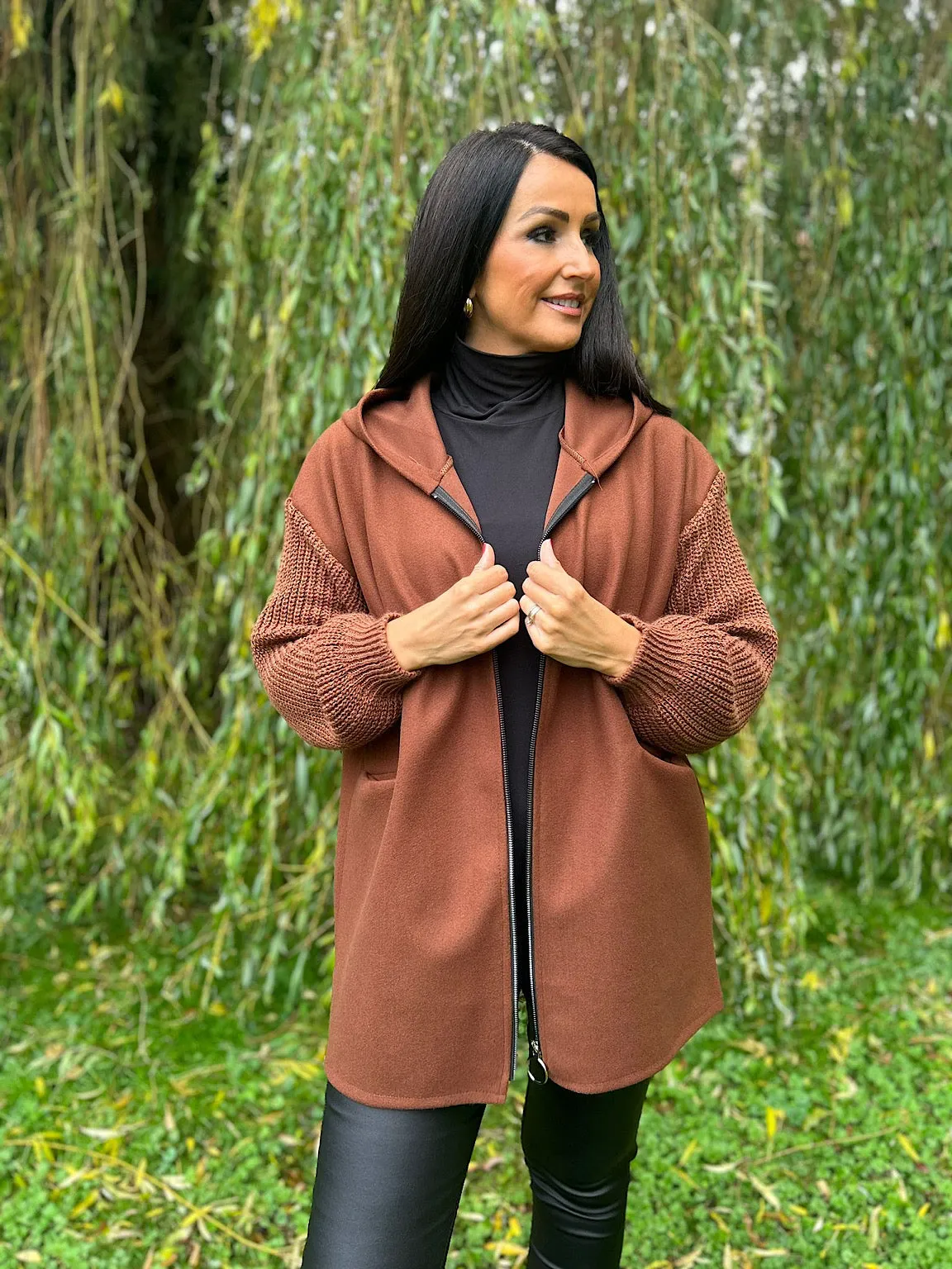 Chocolate Knitted Sleeve Zip Detail Jacket Georgia