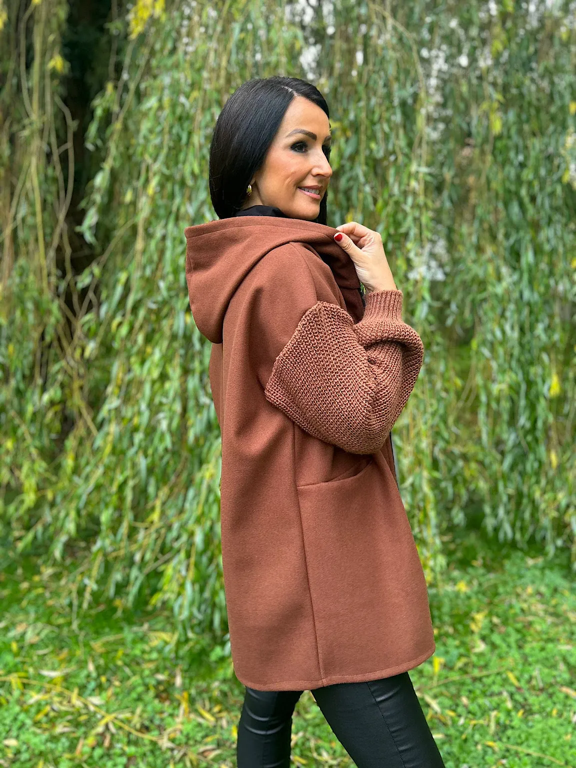 Chocolate Knitted Sleeve Zip Detail Jacket Georgia