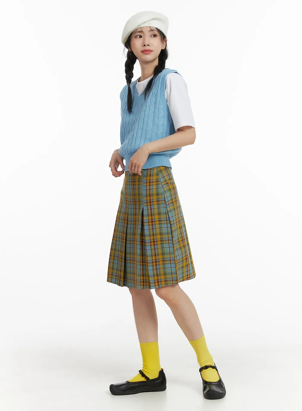 Contrasting Plaid Pleated Midi Skirt OM408