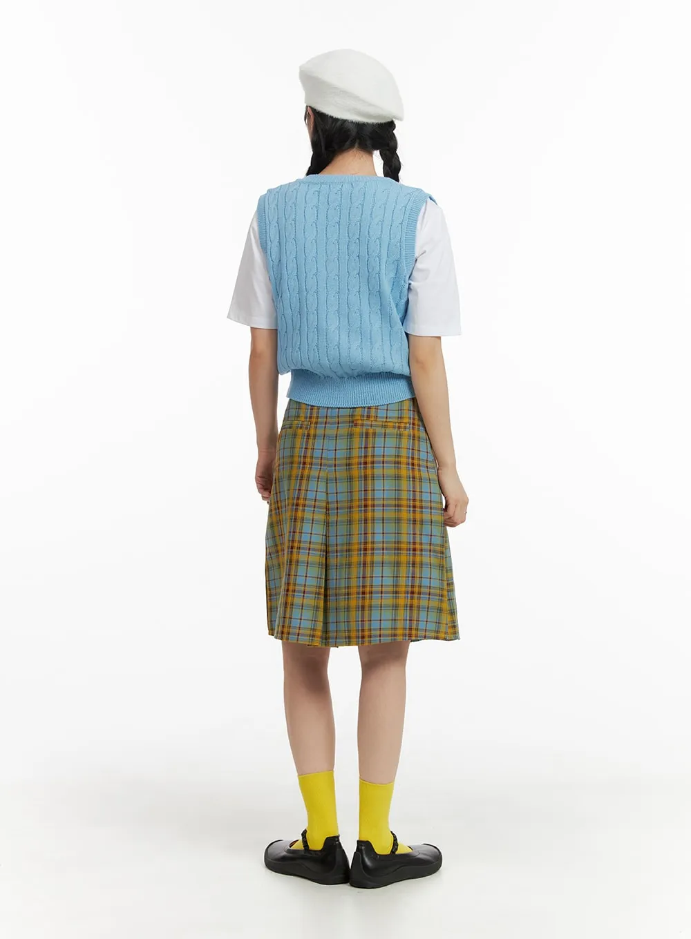 Contrasting Plaid Pleated Midi Skirt OM408