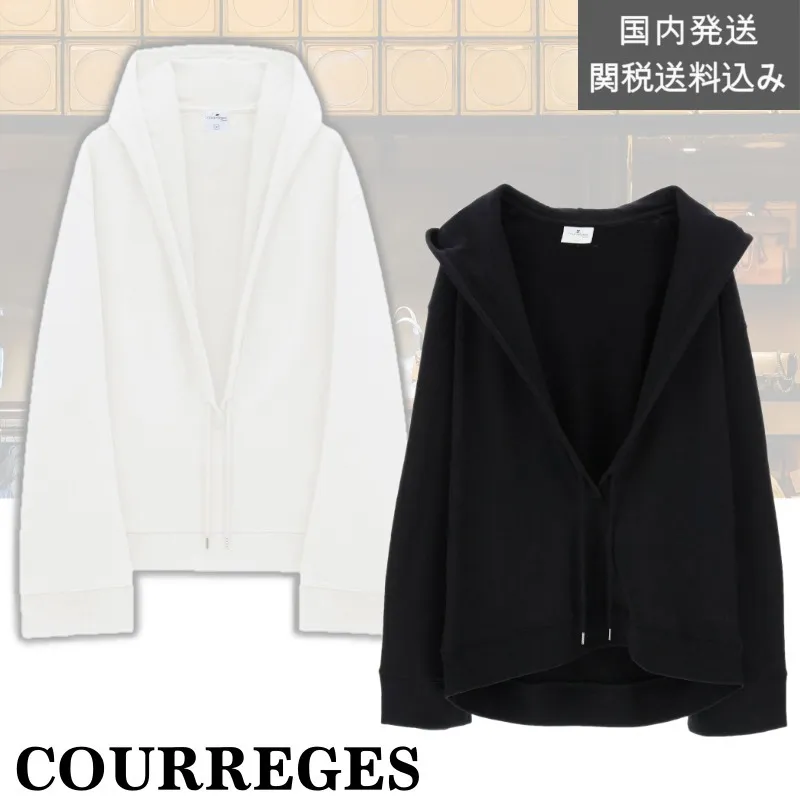 Courreges  |Long Sleeves Plain Cotton Logo Hoodies & Sweatshirts