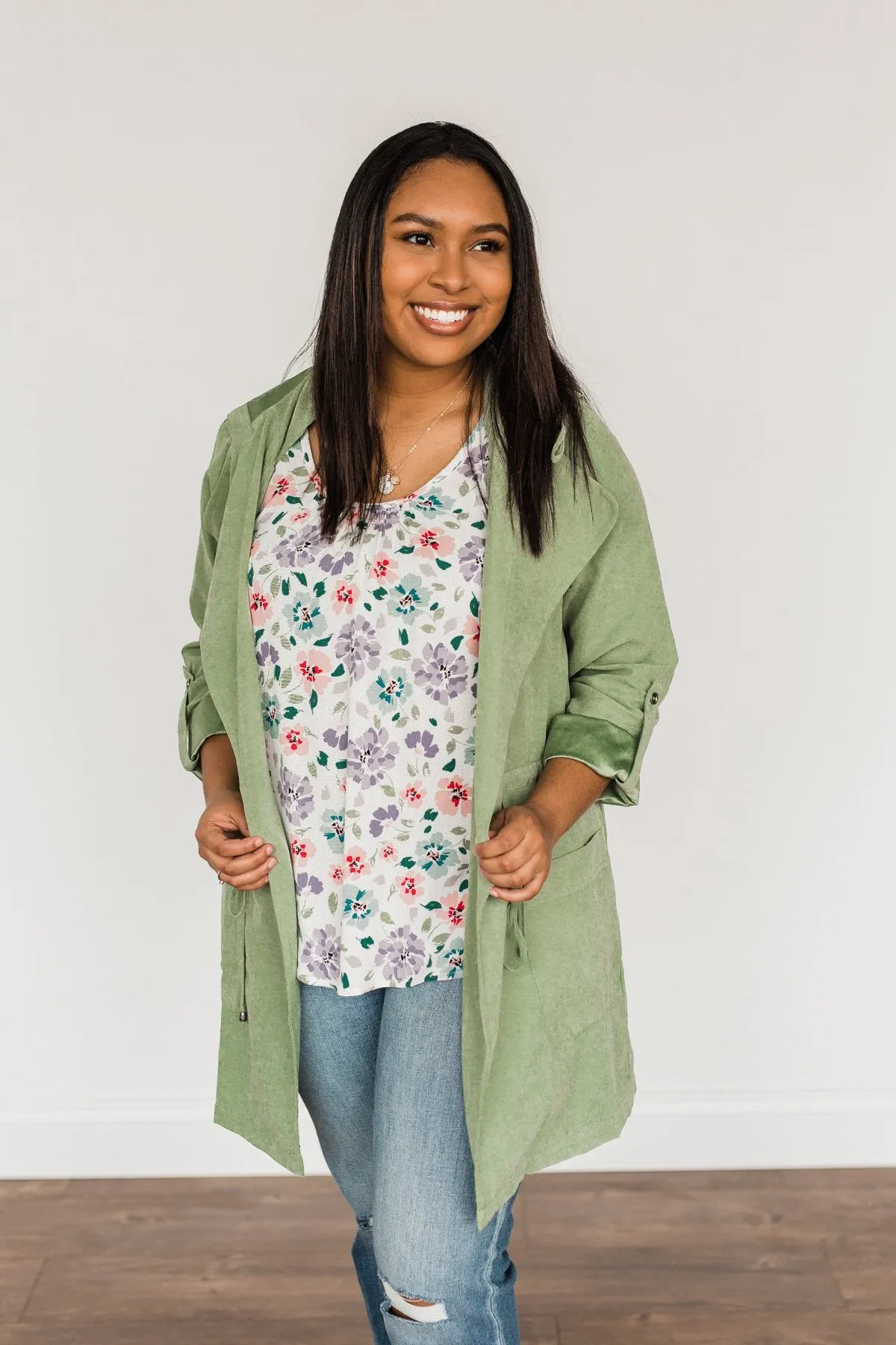 Go Getter Open Front Lightweight Jacket- Sage