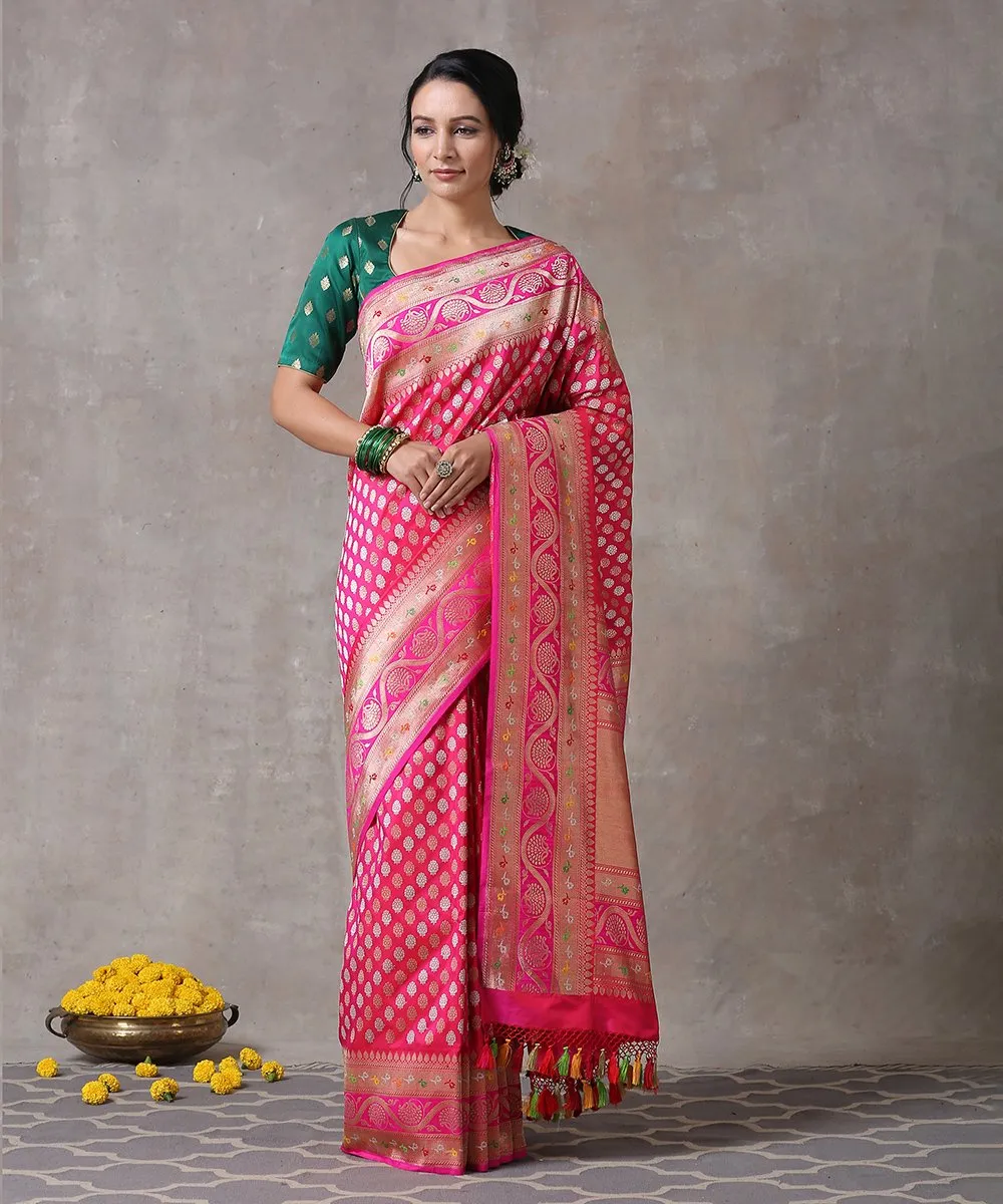 Hot Pink Handloom Heavy Kadhwa Pure Katan Silk Banarasi Saree With Meenakari Border