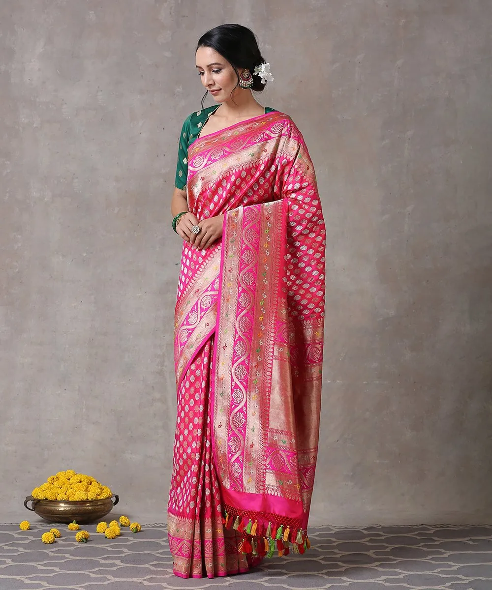 Hot Pink Handloom Heavy Kadhwa Pure Katan Silk Banarasi Saree With Meenakari Border