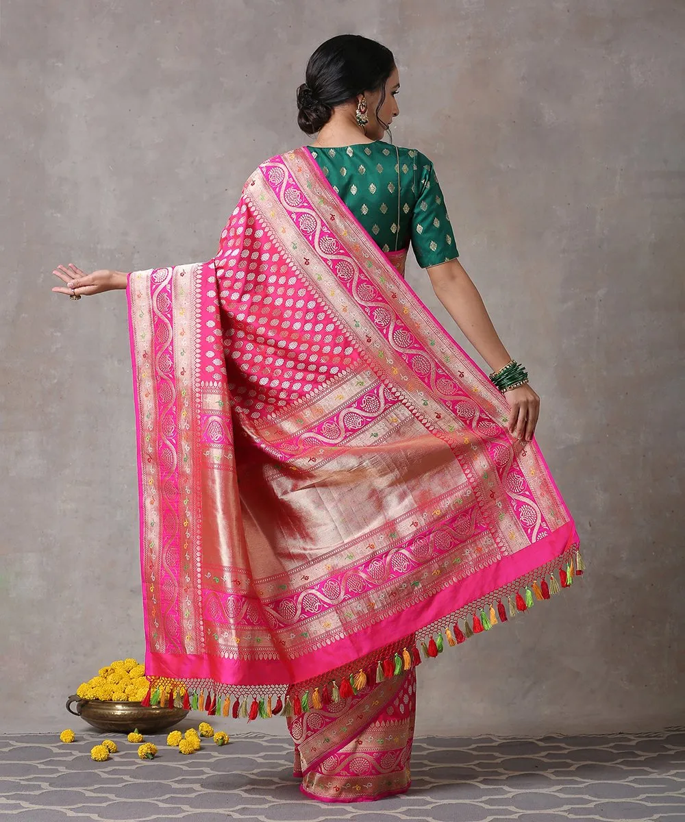 Hot Pink Handloom Heavy Kadhwa Pure Katan Silk Banarasi Saree With Meenakari Border