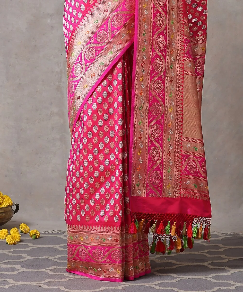 Hot Pink Handloom Heavy Kadhwa Pure Katan Silk Banarasi Saree With Meenakari Border