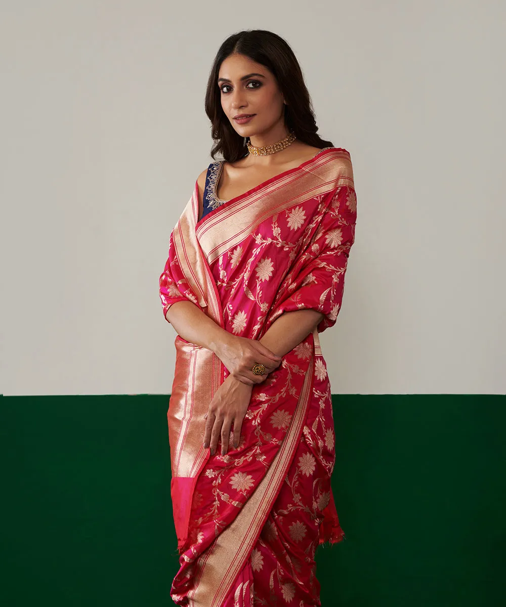 Hot Pink Handloom Pure Katan Silk Banarasi Saree With All Zari Jaal