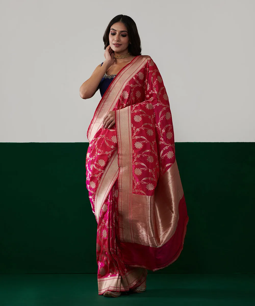 Hot Pink Handloom Pure Katan Silk Banarasi Saree With All Zari Jaal