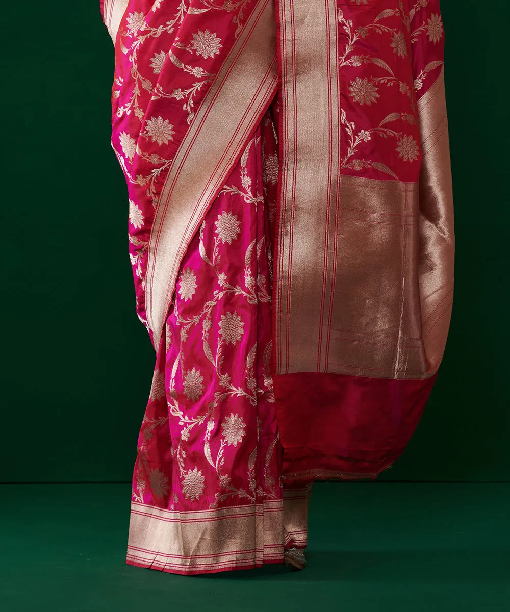 Hot Pink Handloom Pure Katan Silk Banarasi Saree With All Zari Jaal