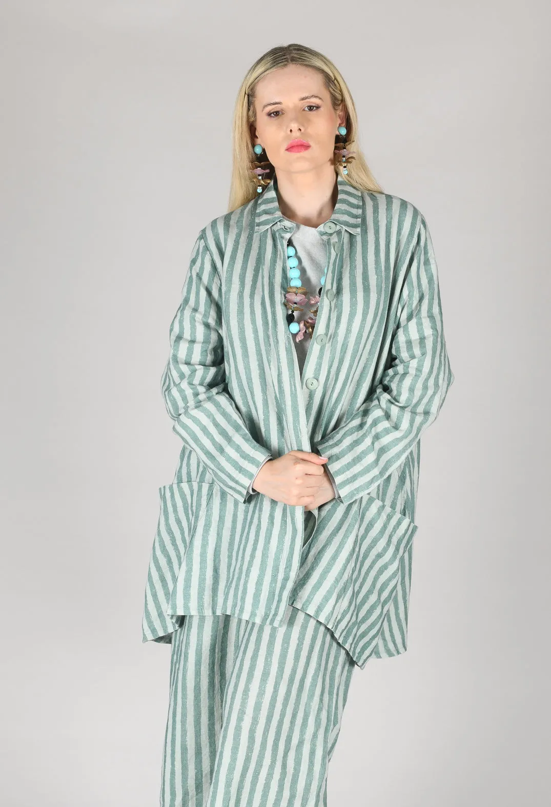 Long Sleeve Linen Stripe  Jacket in Teal