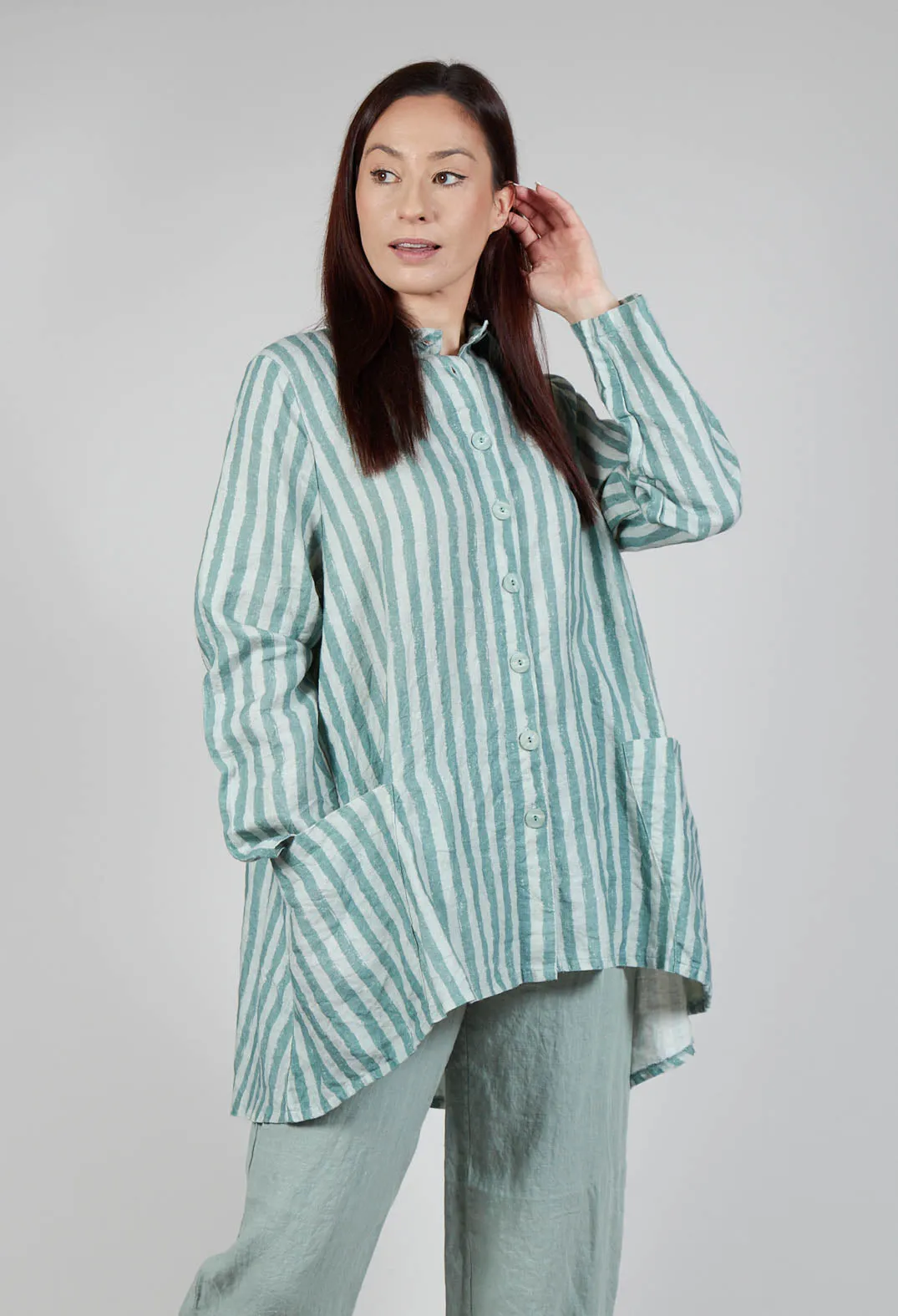 Long Sleeve Linen Stripe  Jacket in Teal