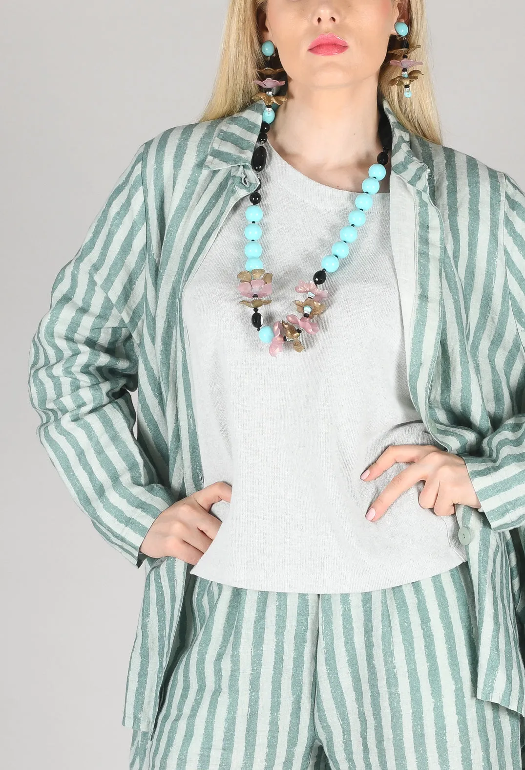 Long Sleeve Linen Stripe  Jacket in Teal