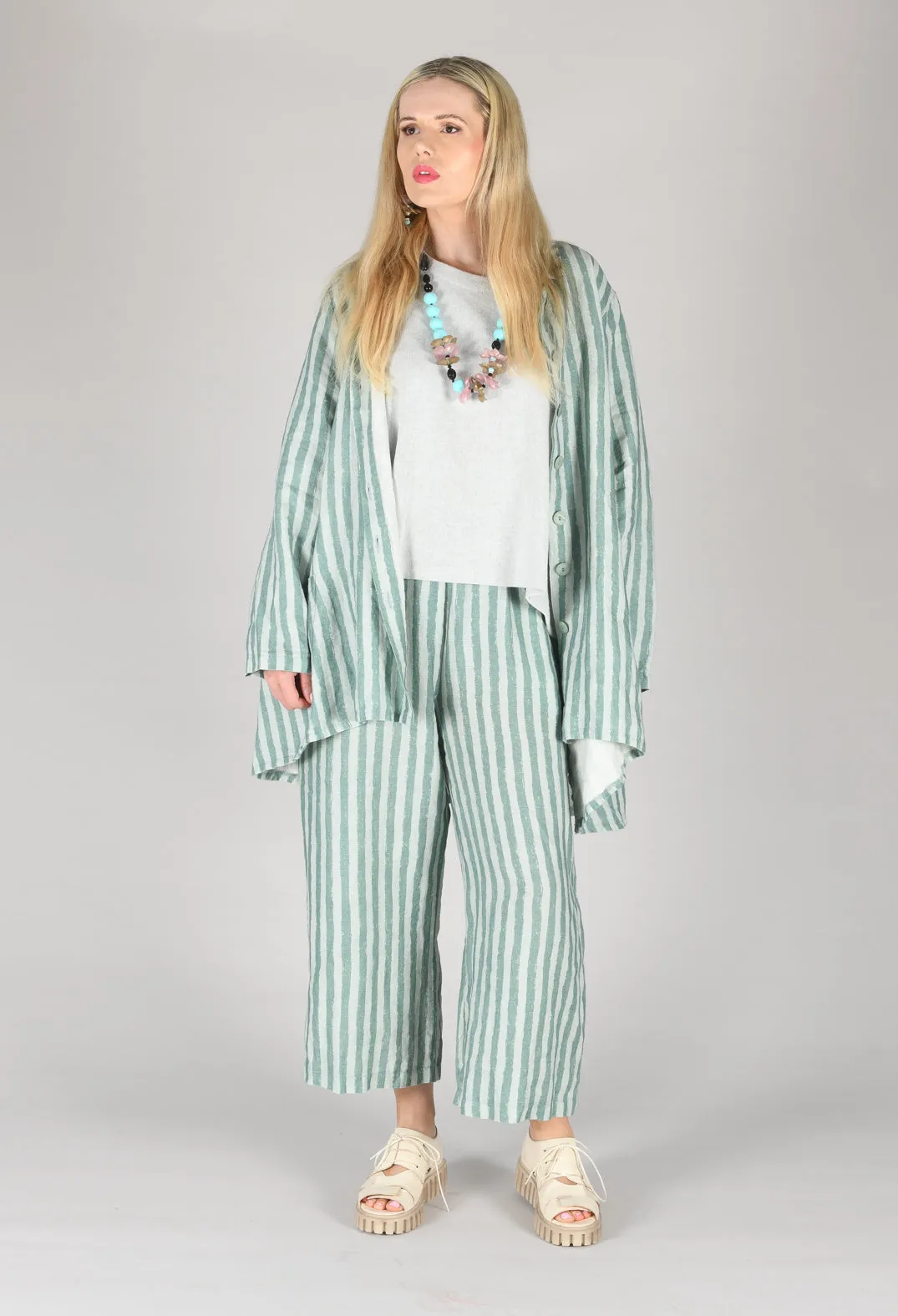 Long Sleeve Linen Stripe  Jacket in Teal