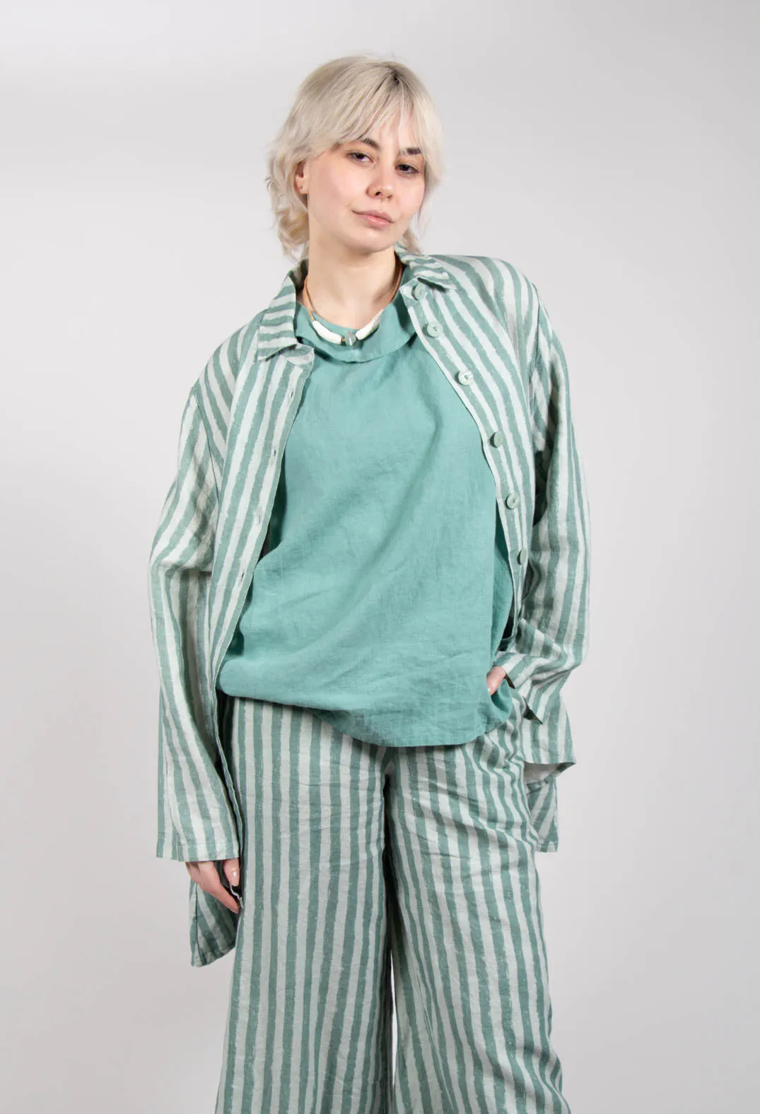 Long Sleeve Linen Stripe  Jacket in Teal