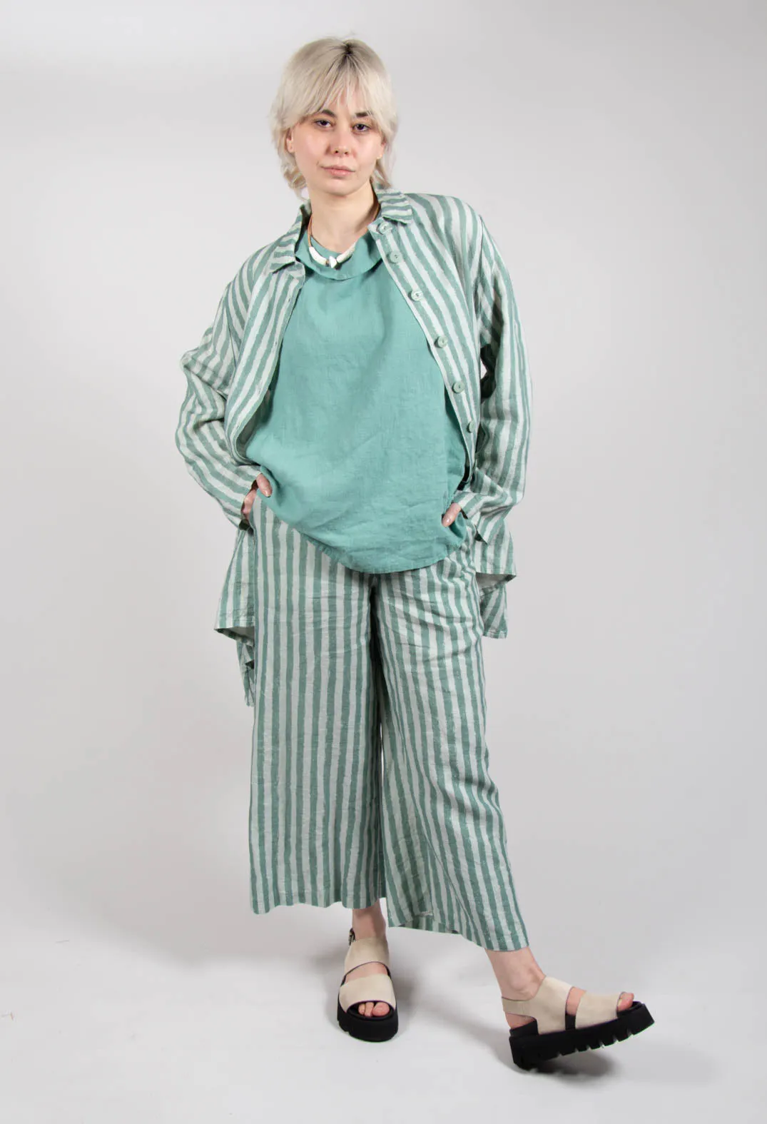 Long Sleeve Linen Stripe  Jacket in Teal