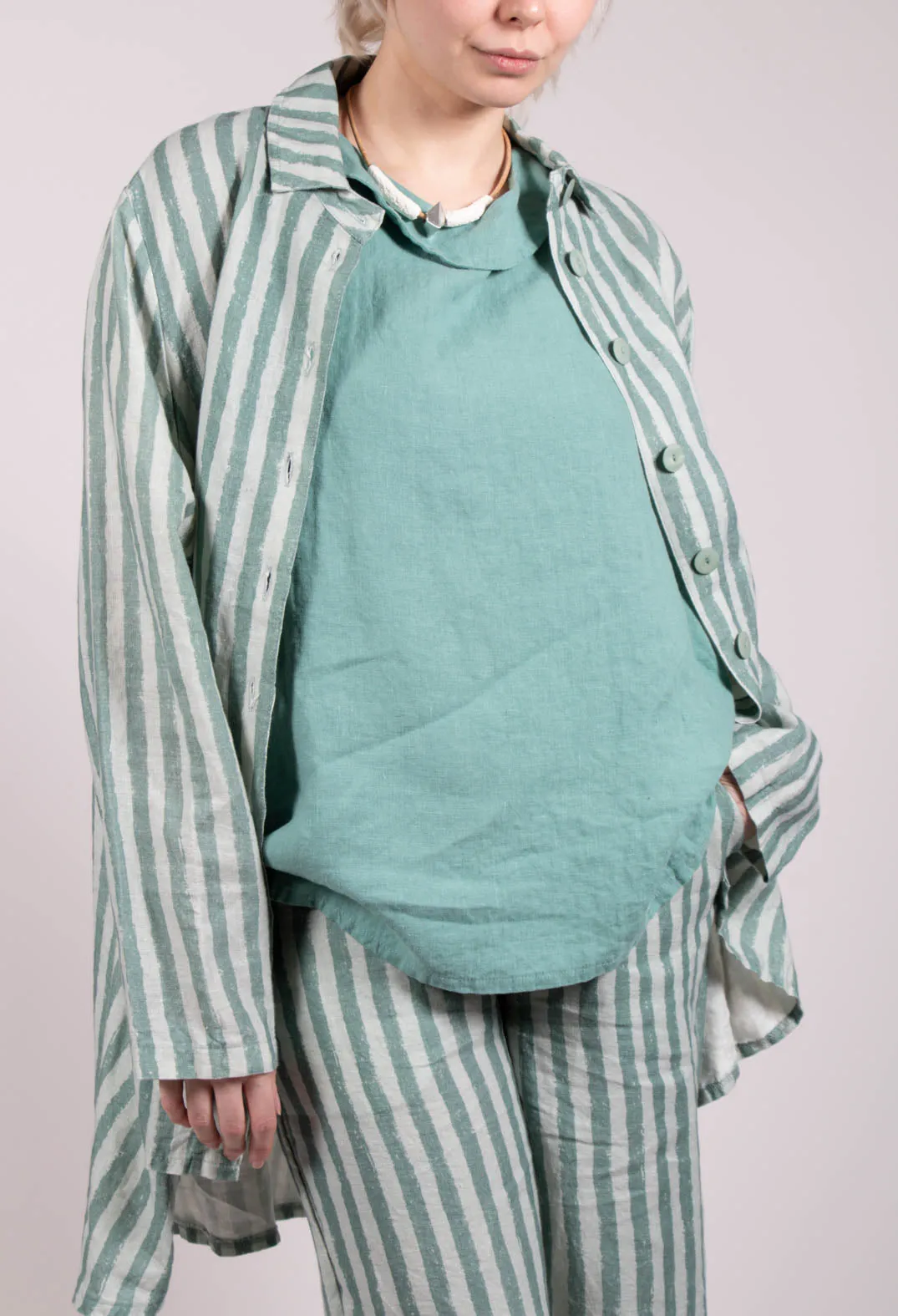 Long Sleeve Linen Stripe  Jacket in Teal