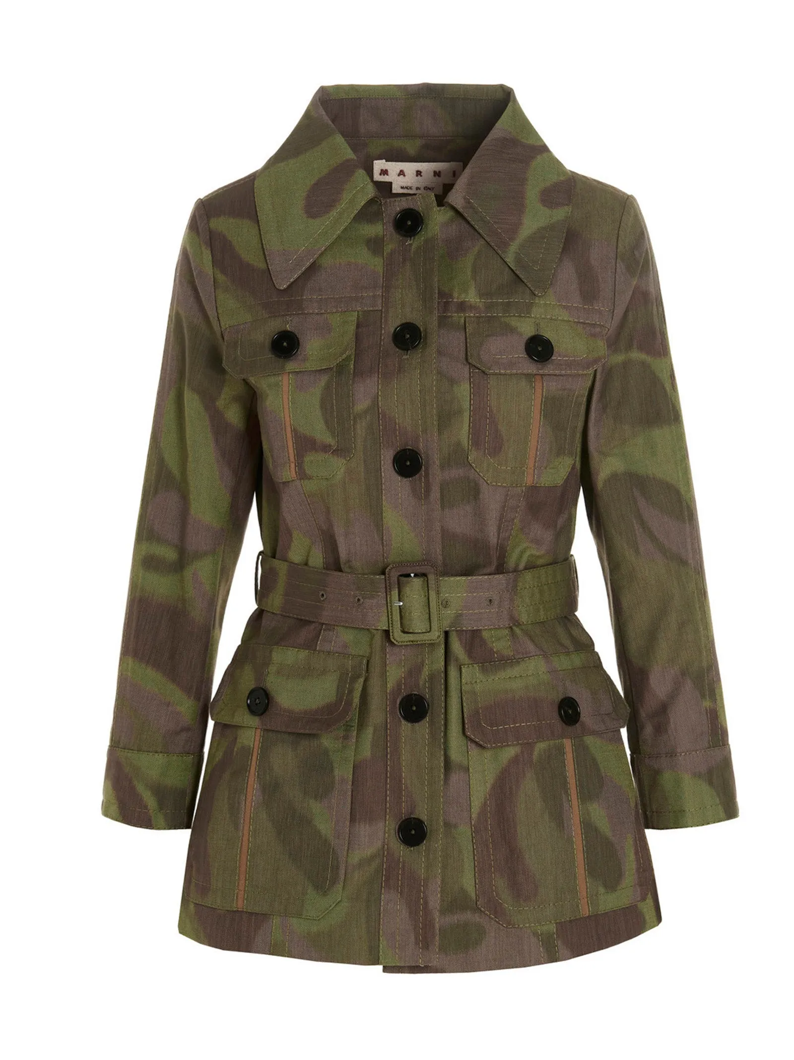 Marni Camouflage Printed Belted Long Sleeved Jacket