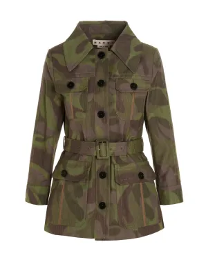 Marni Camouflage Printed Belted Long Sleeved Jacket