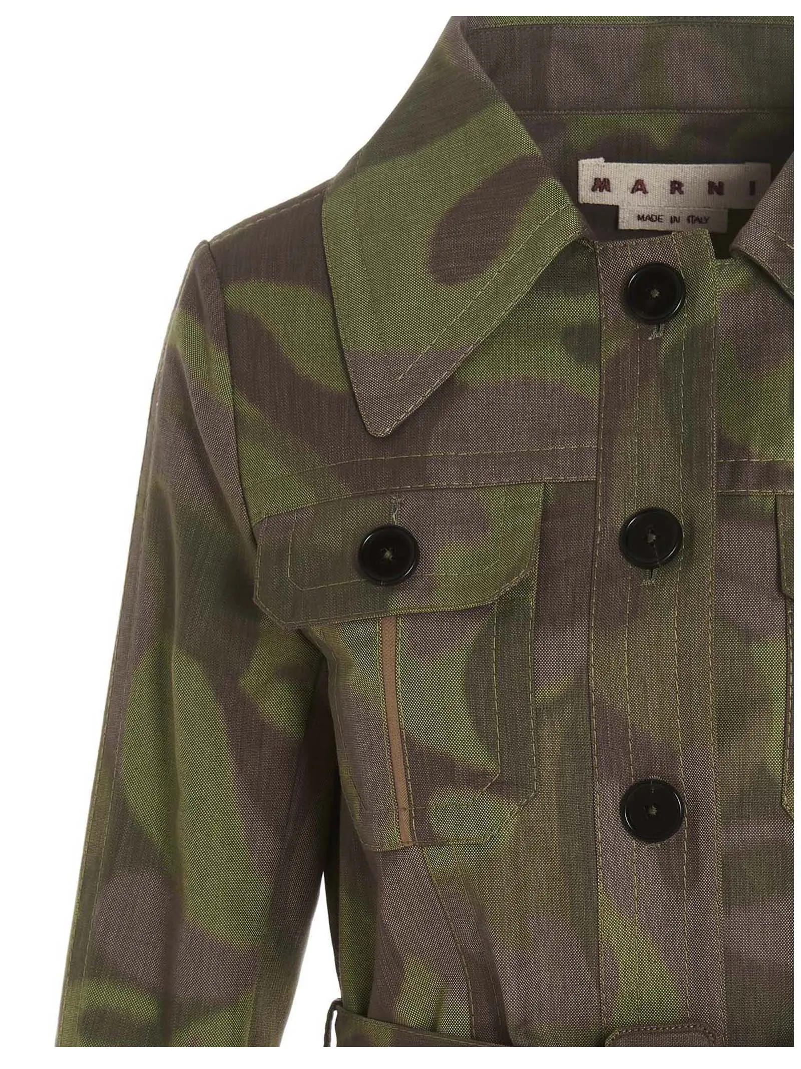 Marni Camouflage Printed Belted Long Sleeved Jacket