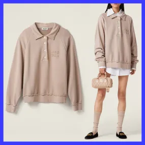 MiuMiu  |Long Sleeves Plain Cotton Logo Hoodies & Sweatshirts