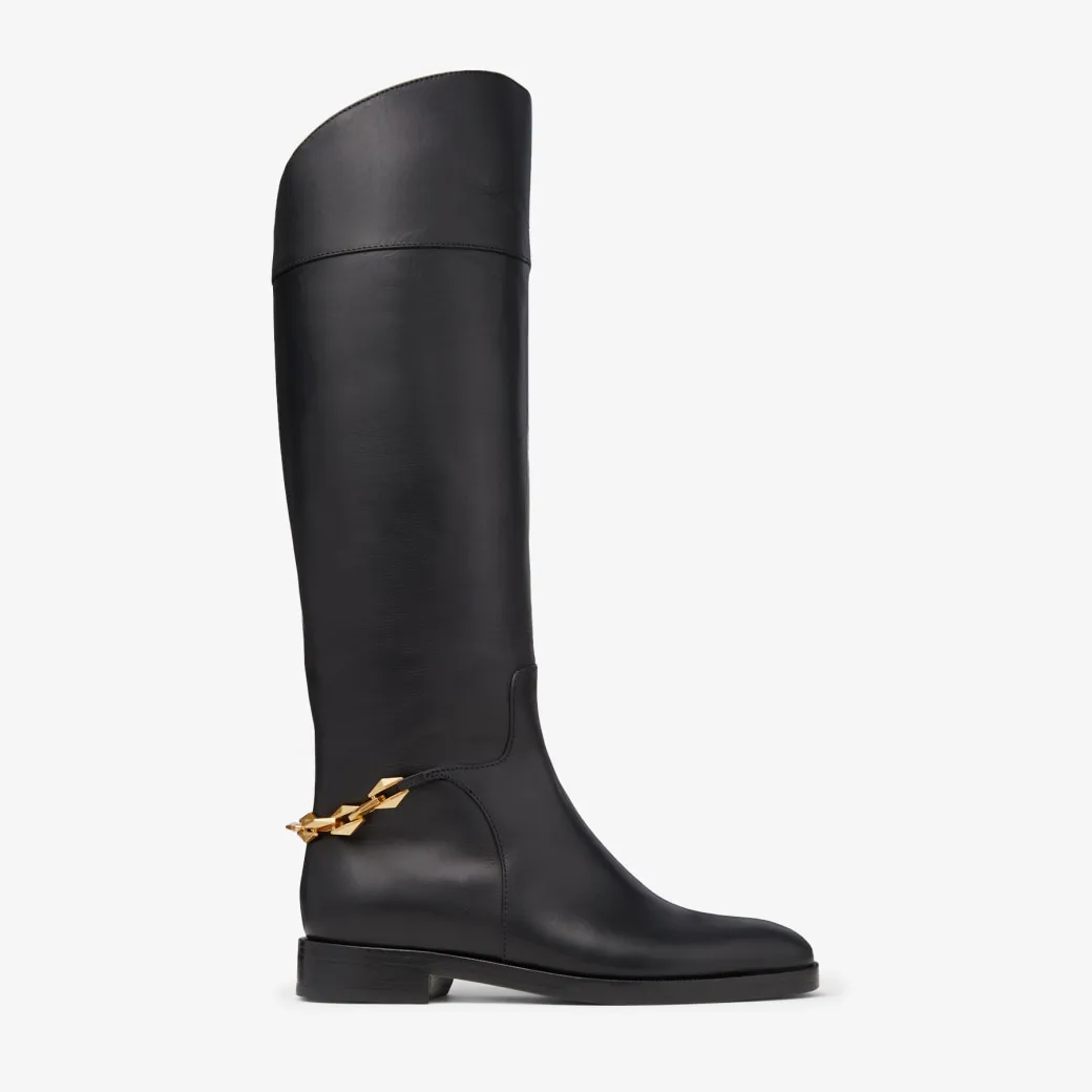 Nell Knee Boot Flat Black Soft Vachetta Knee-High Boots with Chain