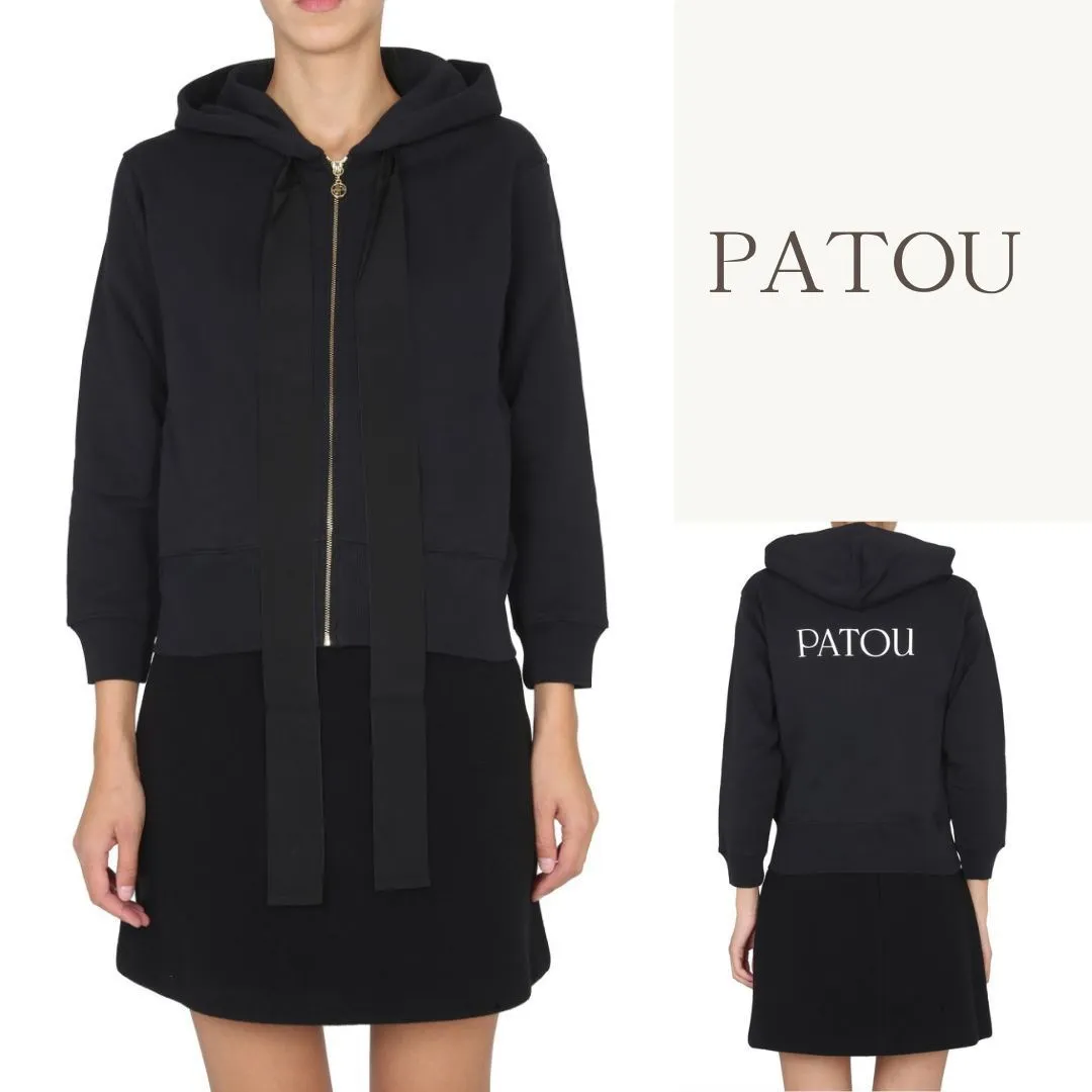 PATOU  |Long Sleeves Plain Cotton Logo Hoodies & Sweatshirts