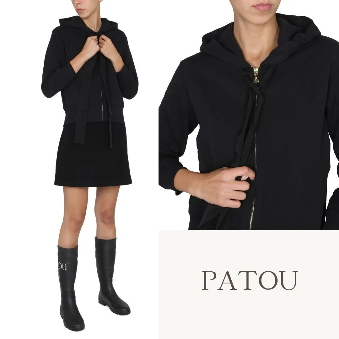 PATOU  |Long Sleeves Plain Cotton Logo Hoodies & Sweatshirts