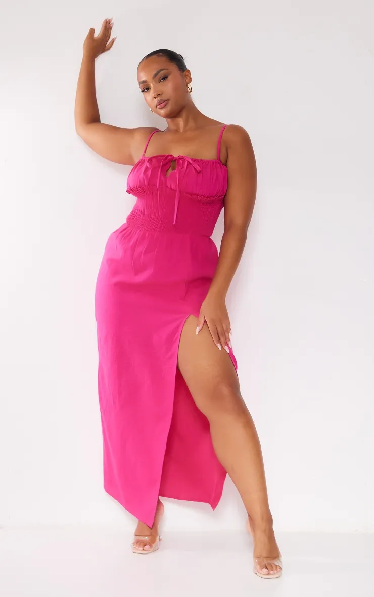 Plus Hot Pink Linen Look Shirred Waist Midi Dress