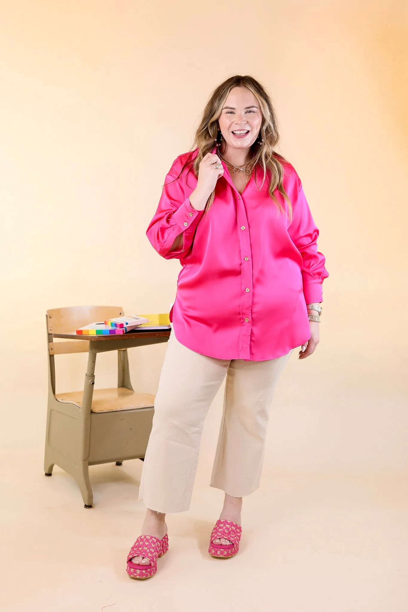 Tell Me Something Good Long Sleeve Button Up Top in Hot Pink