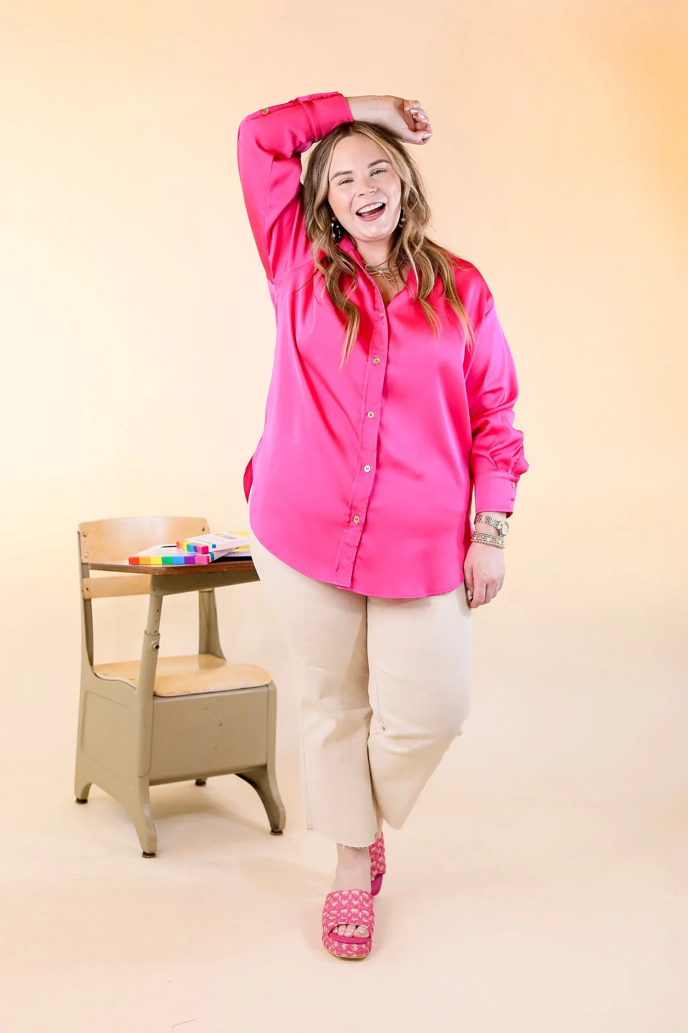 Tell Me Something Good Long Sleeve Button Up Top in Hot Pink