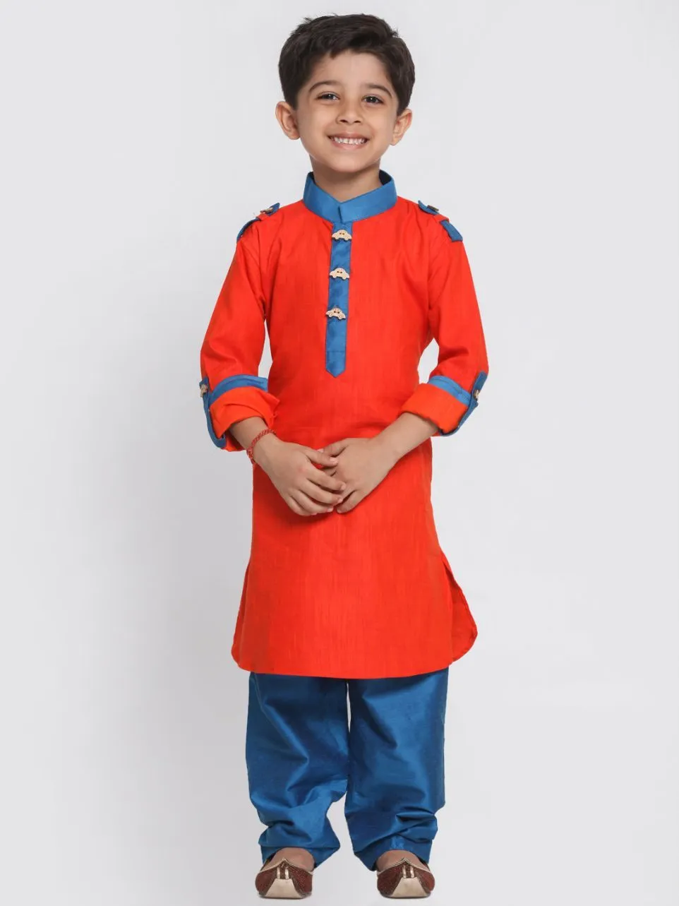 VASTRAMAY Boy's Orange Cotton Pathani Suit