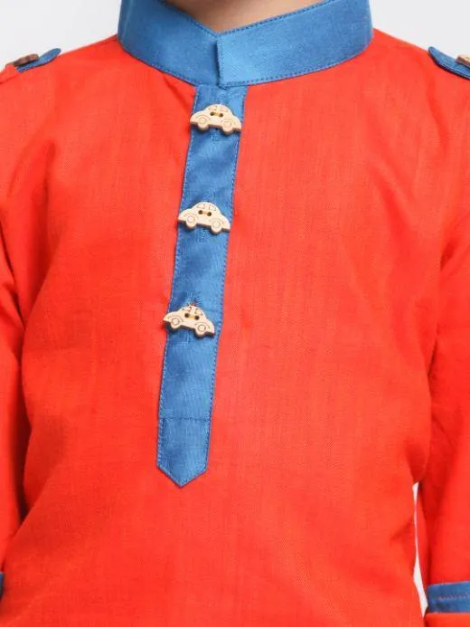 VASTRAMAY Boy's Orange Cotton Pathani Suit