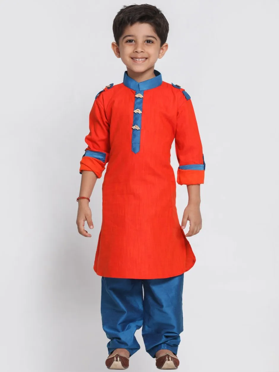 VASTRAMAY Boy's Orange Cotton Pathani Suit