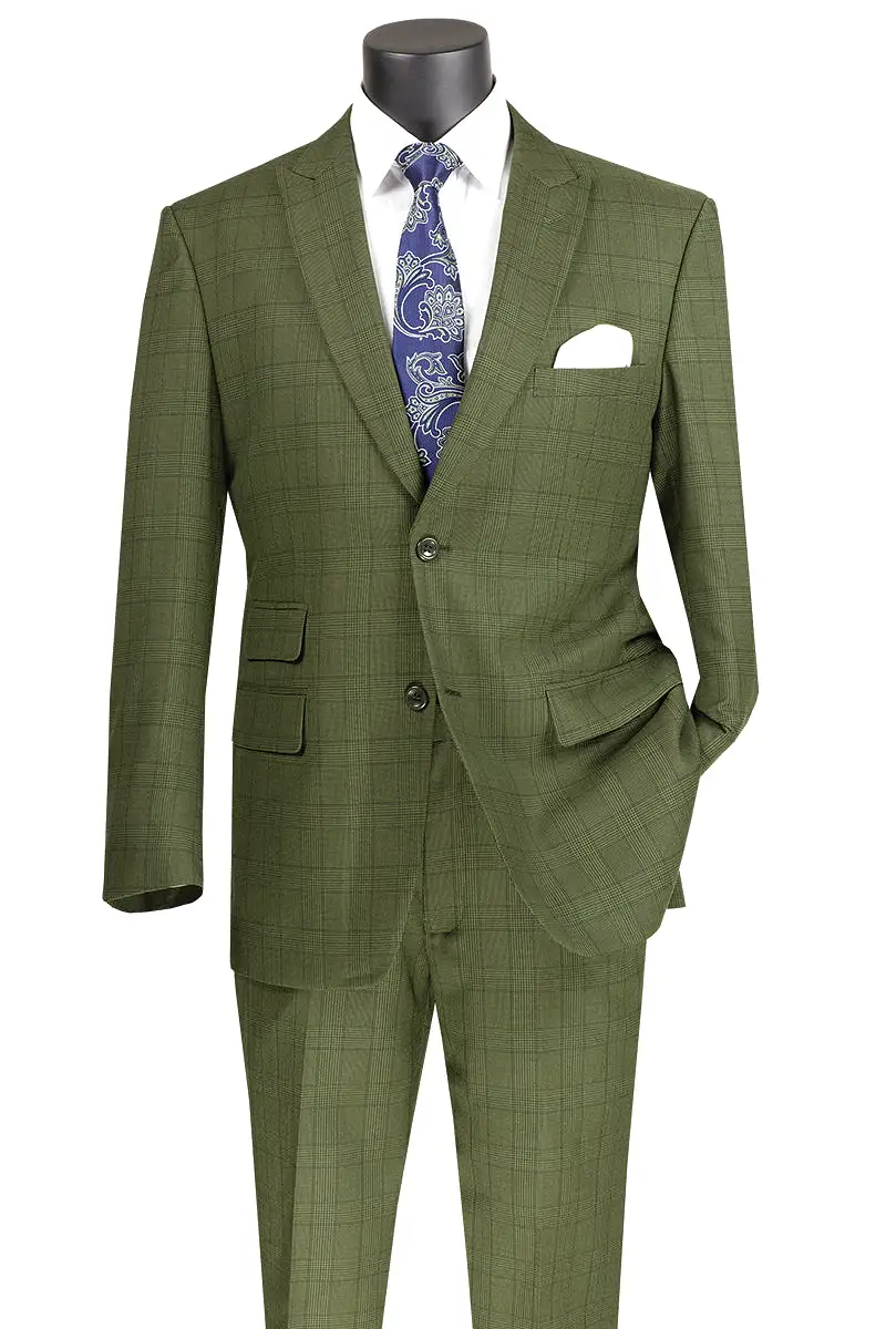 Vinci Modern Fit 2 Piece Windowpane Suit (Olive) MRW-1