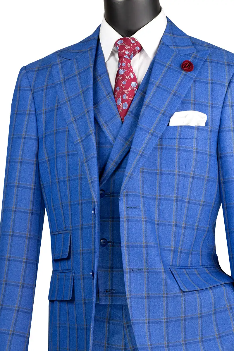 Vinci Modern Fit 3 Piece Windowpane Suit (Royal) MV2W-2