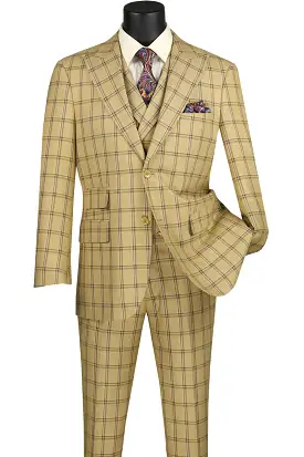 Vinci Modern Fit 3 Piece Windowpane Suit (Tan) MV2W-2