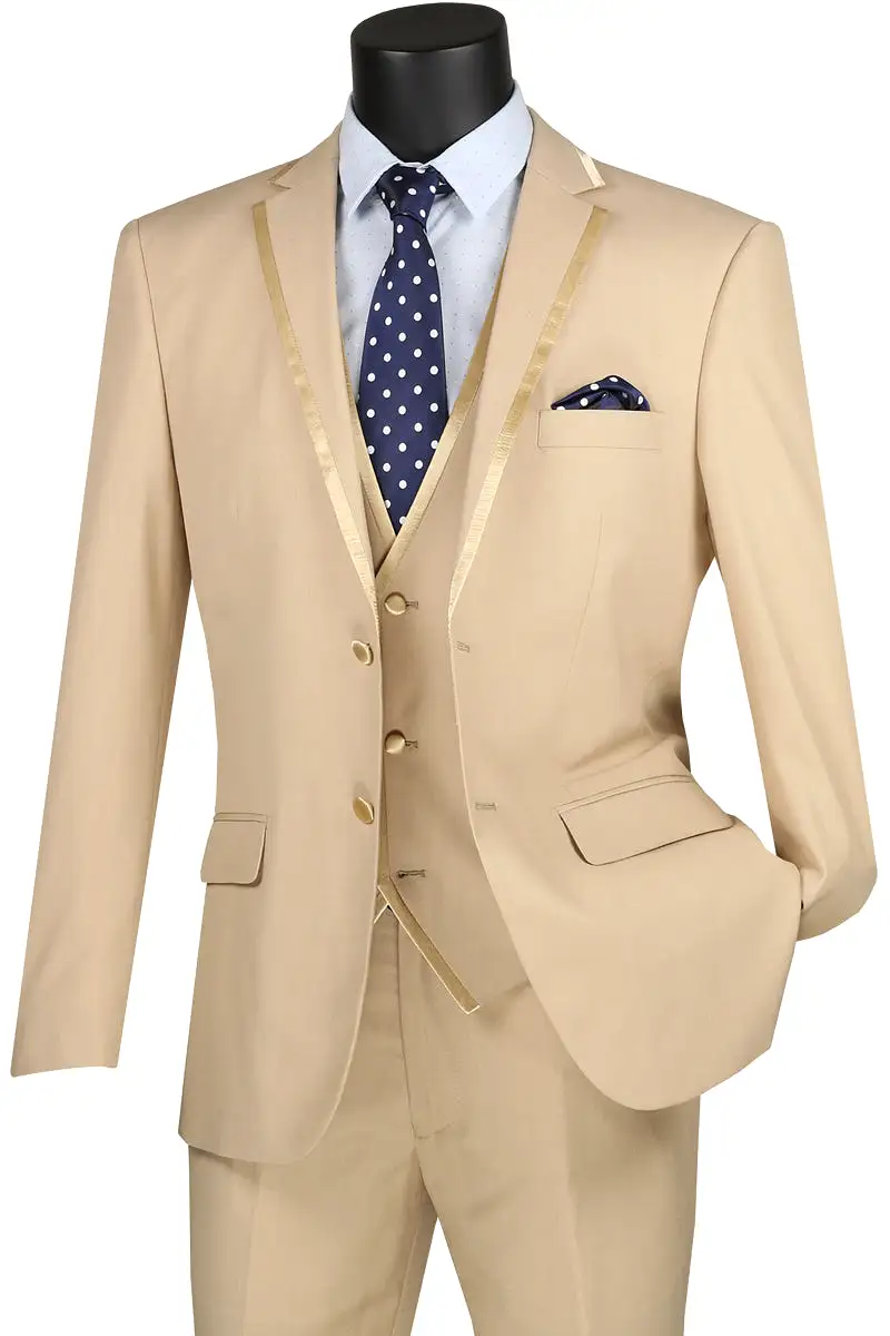 Vinci Slim Fit 2 Button 3 Piece Suit (Beige) SV2T-8