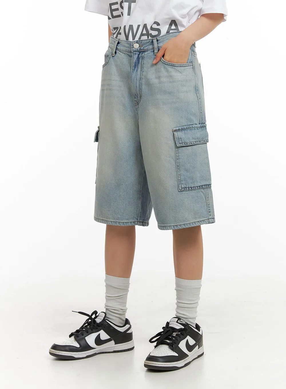 Washed Cargo Denim Jorts IA417